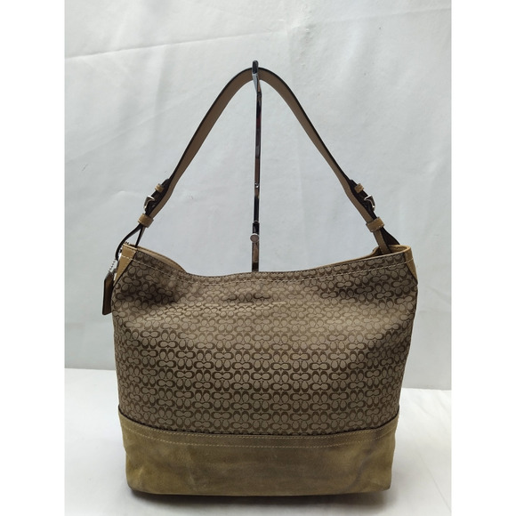 Coach Signature Brown Canvas Suede Hobo Shoulder Bag - Picture 2 of 16